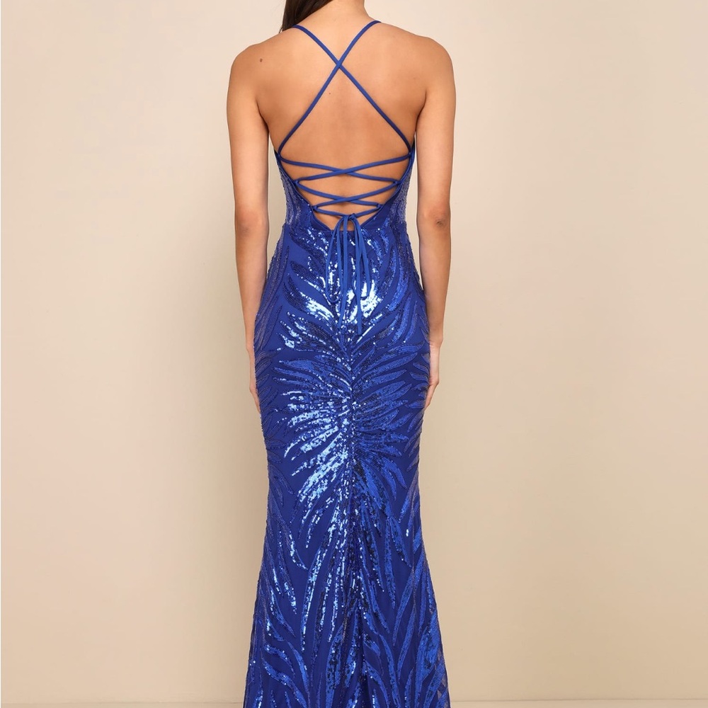 Sparkle 'til Dawn Royal Blue Sequin Lace-Up Mermaid Maxi Dress NWT XS - Picture 7 of 9